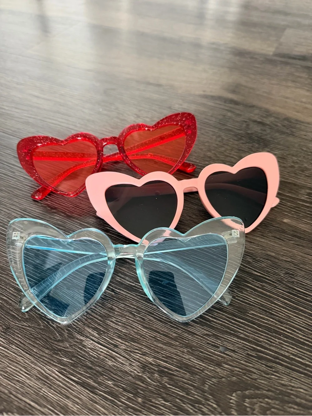 Set of Three Heart-Shaped Sunglasses in Red, Pink & Light Blue for Bachelorettes